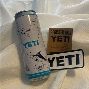 YETI stash can White and Blue Graphic Can with YETI STICKER